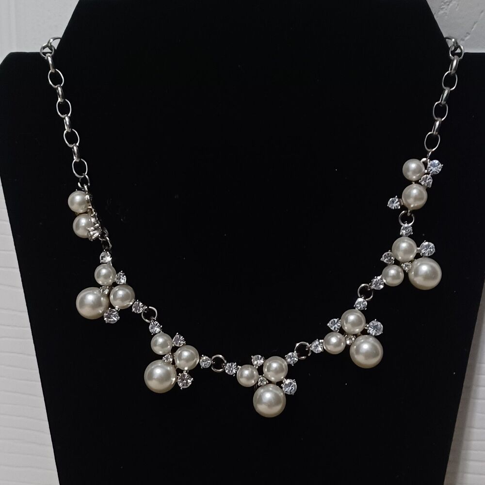 Elegant Pearl & Crystal Statement Necklace, 16” - Picture 1 of 3